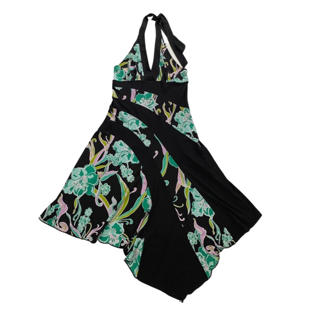 Vintage Y2K asymmetrical halter top dress with unique floral pattern
